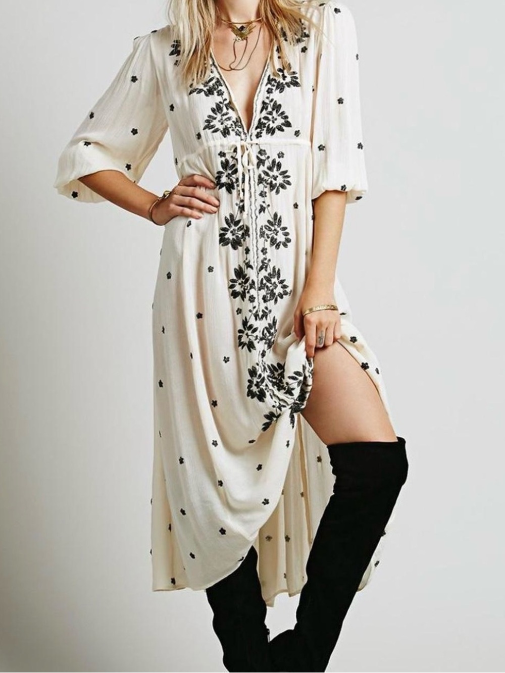 Free People Cream Maxi Dress with Black Floral Embroidery
